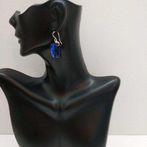 Hand Made Blue and Black Dangle Earrings With Dichroic Square Glass Beads - Picture 3 of 16